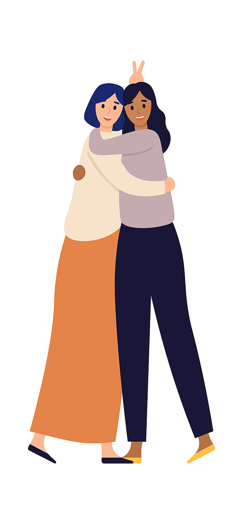 Women friends. Happy young girls hugging. Happy meeting of close friends. Female friendship, beautiful diverse flat cartoon characters embracing together isolated vector illustration