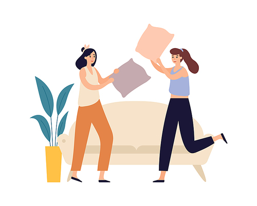 Women friends. Young girls pillow fighting. Female characters having night pajama party, entertainment. Teenagers spending leisure time in living room near sofa vector illustration