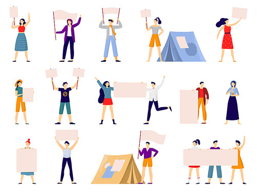 Protesters people. Peaceful protest march, activist holding banner or placard and protesting activists. Political activists manifestation. Flat vector isolated icons illustration set