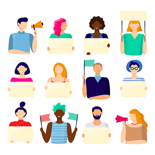 Activist holding placard. Protest active people, male and female hold poster and protesting activists. Manifestation picket, voting campaign protestors. Vector illustration isolated icons bundle