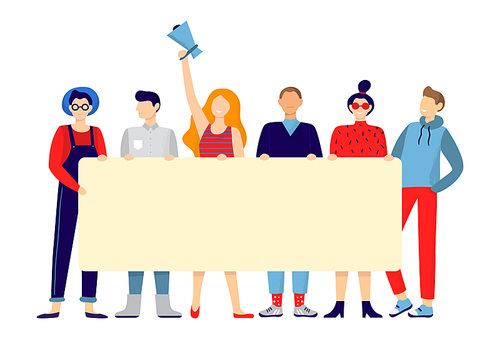 Protesting people group. Activists hold sign board or placard, team holding announce poster and active protest. Political activist manifestation parade, union strike rally vector illustration