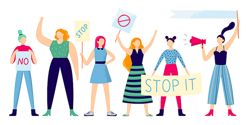Women protesters. Female group protest, strong woman holding feminism placard and women rights manifestation. Girl power manifest, powerful womans international day flat vector illustration