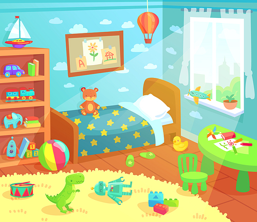 Cartoon kids bedroom interior. Home childrens room with kid bed, pencils drawings and child toys tirex robot designer duck bear in light from curtain window colorful apartment vector illustration