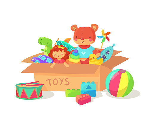 Cartoon kids toys in cardboard toy box. Children holiday gift boxes with child playthings. Plaything vector collection isolated