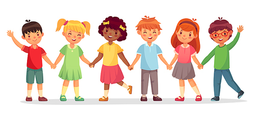 Happy kids team. Multinational childrens, school girls and boys stand together holding hands. Friendship laughing children playing together cartoon isolated vector illustration