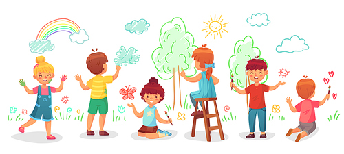 Kids drawing on wall. Childrens group draw color paintings on walls, child paint art or kindergarten kid painting rainbow, trees and clouds. Creative children drawing cartoon vector illustration