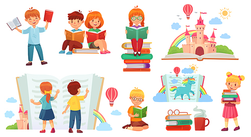 Kids reading book. Cartoon child library, happy kid read books and book stack. Sitting childs adorable learning or education kids character. Isolated vector illustration icons set