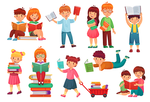 Kids read book. Happy kid reading books, girl and boy learning together and young students. Creative homework bookworm kindergarten learnings isolated cartoon vector isolated icons illustration