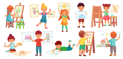 Drawing children. Kid illustrator, baby drawing play and draw kids group. Childrens paint watercolor pictures in creative school class. Art lesson cartoon vector illustration