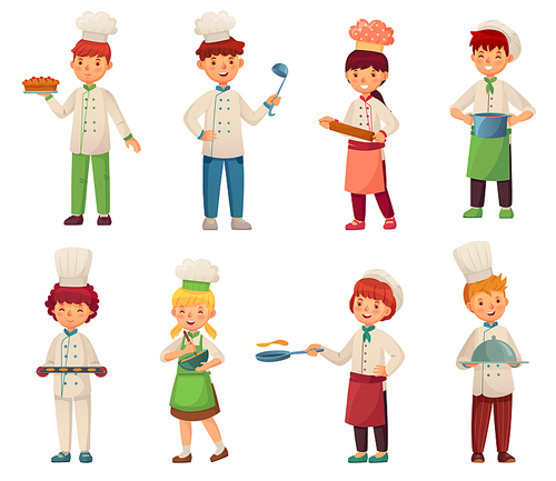 Cartoon cooking children. Little chef cooks food, kid cook and gourmet childrens kitchen chefs. Gourmet restaurant baker kids profession chefs. Vector isolated illustration icons set