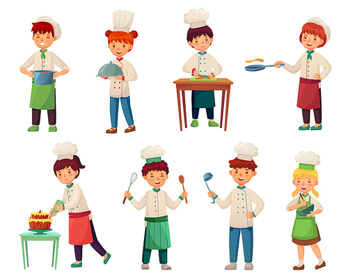 Cartoon children cooks. Little chief cook, child cooking food and young kitchen chiefs. Restaurant food preparing, teenage bakery chef or kid culinary character. Vector illustration isolated icons set