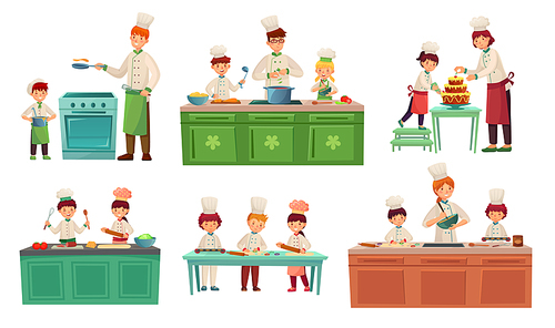 Cooks childrens. Kids baking or cooking food, chief children classes and cook with child. Restaurant chef cooking gourmet meal with kid. Vector illustration isolated icons set