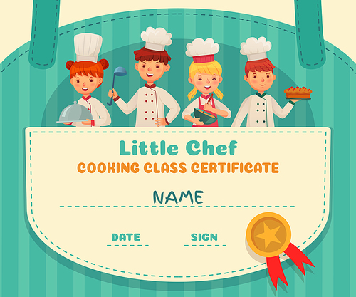 little chef certificate. cooking class chefs diploma, cooking food school lesson and kids cooks . food certificate education, culinary learning class  cartoon vector illustration