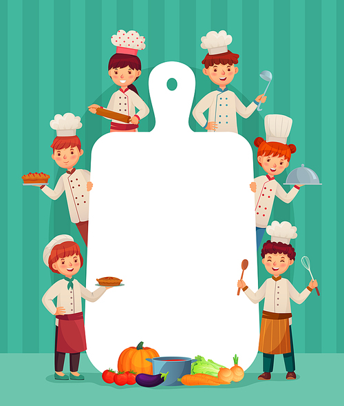 Kids menu frame. Children chefs cook with cutting board, restaurant chef and chopping food. Restaurant chef food cooking meal healthy childish menu template cartoon vector illustration