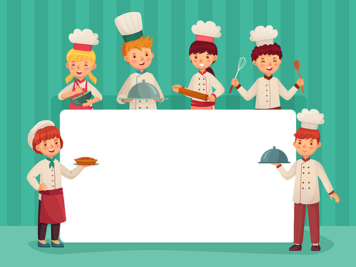 Kids chefs frame. Children cooks, little chef cooking food and restaurant kitchen students. Restaurant or cafe waiter, children with culinary menu frame cartoon vector illustration