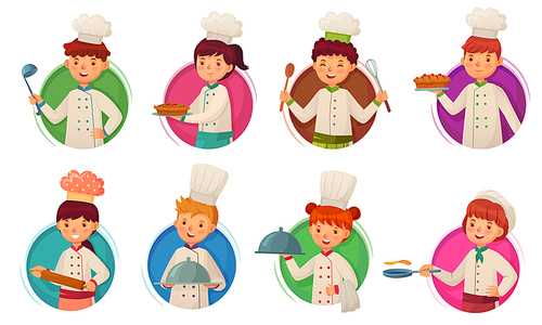 little kid chef. children cooking, kids cooks in circle  and child chefs in round hole. kitchen culinary boy and girl food cook character. cartoon vector illustration isolated icons set