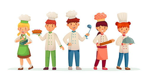 Young chefs. Happy children cooks, kids cooking and baking in chef costume. Kid baking job, gourmet character or restaurant meal cook lover child cartoon vector illustration
