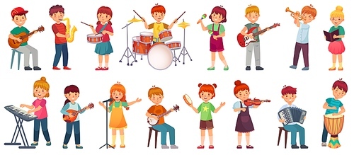 Cartoon kids play music. Talented kid playing on musical instrument, music school lessons. Young singer, children musician vector illustration set. Musician with microphone, music education