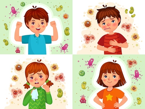 Child immune system. Healthy and sick kids, immune defence. Virus and bacterias protected boy and girl cartoon vector illustration set. Immune kid protection, immunity health human