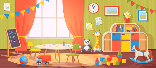 Kindergarten interior. Daycare nursery with furniture and kid toys. Preschool child room for playing, activity and learning, vector cartoon. Blackboard and table with chairs for children