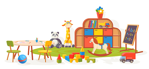 Playing room. Kindergarten classroom furniture with toys, carpet, table and chalkboard. Cartoon kids preschool interior vector illustration. Playroom with cubes, horse, giraffe toys