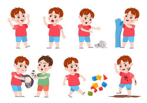 Kids bad behavior. Bully making mess, scream, angry, rips clothes and break vase. Naughty boy fighting over a toy. Problem child vector set. Child ruining cubes, jumping in mud and teasing