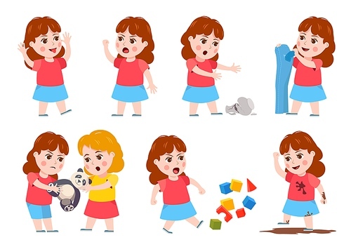 Girl bad behavior. Cartoon bully child cry, angry, fight, mocking and make mess. Sisters fighting over toy. Naughty kid character vector set. Angry behavior girl, kids fight illustration