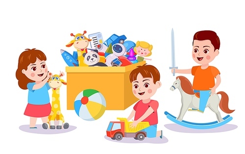 Kid playing with toys. Children and box with toy cars, blocks and bear. Boy play pretending on rocking horse. Kids activity vector concept. Child with car and giraffe. Funny games for friends