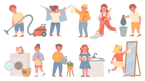 Kids housework. Children doing chores, cleaning, wash dishes, laundry, mopping floor and vacuum. Boys and girls clean home vector set. Housework and housekeeping, kids cleaning and wash illustration