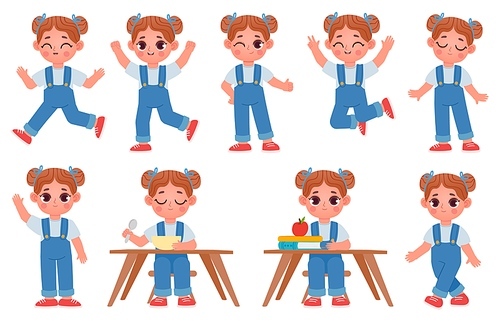 Cartoon little kid girl character poses and expressions. School child sit at table with books. Cute girls walk, run, jump and eat vector set. Illustration of teen young smile, walk and jump