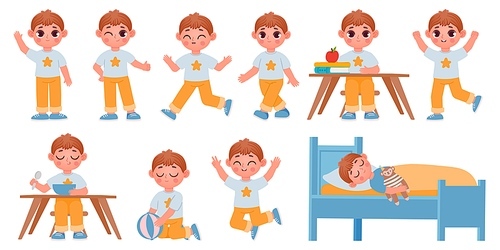 Cartoon kid boy character poses, gestures and expressions for animation. Happy school child playing, sleeping, waving and running vector set. Illustration of character boy sleep in bed and gesture