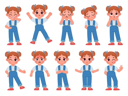Cartoon cute little girl face emotions and expressions. Kid character happy, sad, angry, and surprise, cry, smile and laugh vector. Girl character emotion, happy expression and emotional illustration