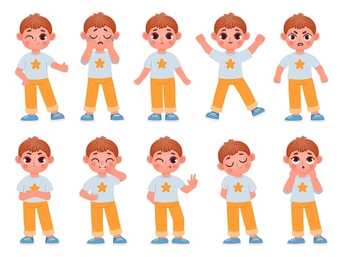 Cartoon cute kid boy character expressions and emotions. Little child laugh, smile, cry and surprise. Angry, sad, happy boy pose vector set. Boy emotion happy and laugh, facial expressive illustration