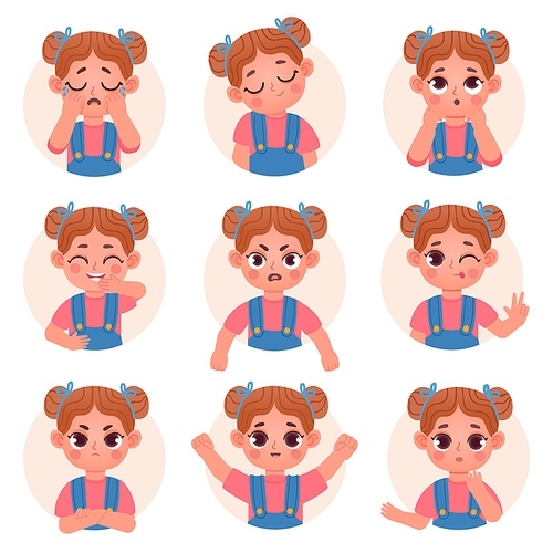 Cute child girl avatar facial emotions and feelings. Little kid face emoji with angry, sad, happy, shock and question expression vector set. Illustration child emotion face avatar, facial expression
