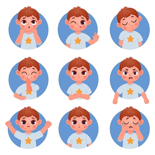 Cartoon little boy avatar face emotions and feelings. Child emoji confused, angry, laugh and cry. Boy character facial expression vector set. Illustration of emotion boy avatar, young expressions