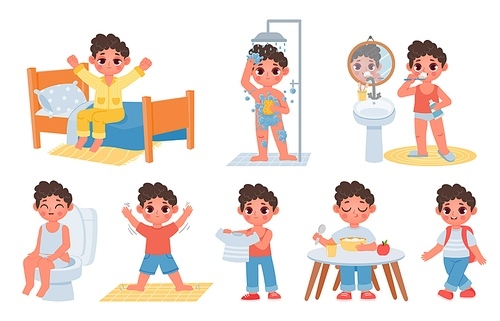 Child morning daily routine with cute cartoon boy character. Kid wake up, do hygiene, brush teeth and sit on potty. Day schedule vector set. Illustration of daily character routine