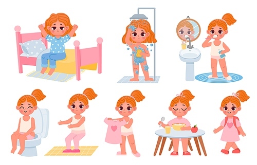 Cartoon little kid girl home daily routine. Cute child dress, shower, eat breakfast and exercise. Children morning healthy habits vector set. Illustration of routine kid, hygiene and toilet