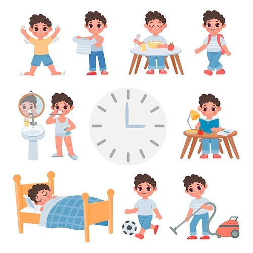 Day routine activity for cartoon school kid boy. Daily schedule with cute boy sleep, eat, play, study and clean. Health lifestyle vector set. Illustration of everyday boy, daily morning play study