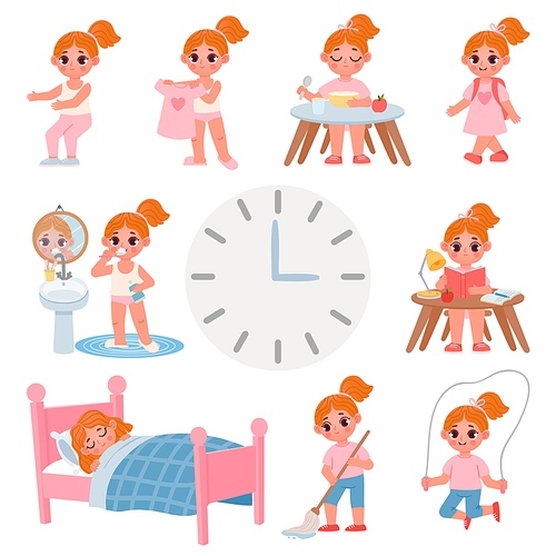 Cute little school girl day routine schedule. Cartoon kid activity, exercise, dress, brush teeth and chores. Vector daily graphic for child. Illustration girl schedule lifestyle, daily routine