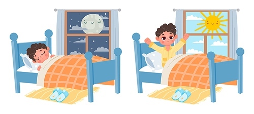 Cartoon kid boy sleep at night, wake up at morning. Child in bed and window with moon or sun. Sweet dream and healthy sleep vector. Illustration of sleep rest and wake up in comfortable pajamas