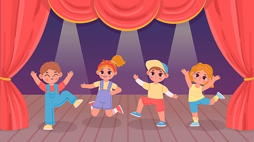Cartoon kids performing dance on theatre stage with curtain. Kindergarten boys and girls group activity. Children dance show vector concept. Little characters having entertainment together