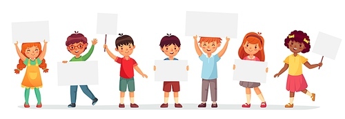 Kids holding banners. Vector boy and girl with empty banner, illustration cartoon school kid and board for text