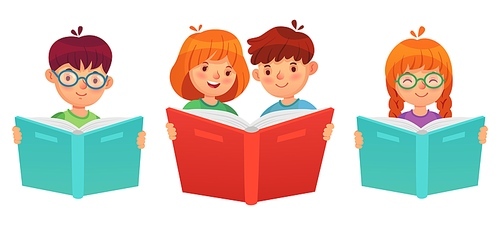 Kids reading book. Education boy girl, illustration vector children with open book read and study