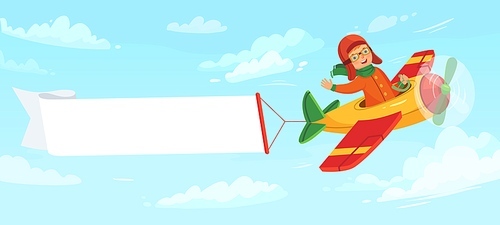 Kid on airplane with banner. Child pilot flying in plane among clouds in sky. Little boy having flight with empty banner with place for text. Aviation transportation vector illustration