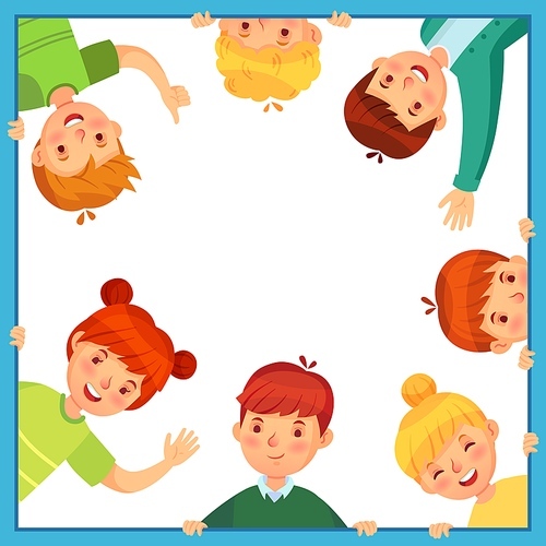 Kids looking out from square frame. Children peeking out waving, showing thumb up and hiding. Boys and girls friendship. Little pupils in window frame or border vector illustration