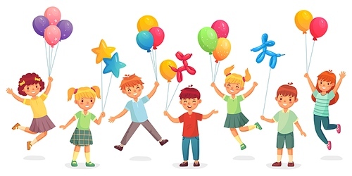 Kids with balloons. Happy children jumping and holding balloons of different shapes as dog and star and size. Cheerful boys, girls having celebration. Enjoying time with friends vector illustration.