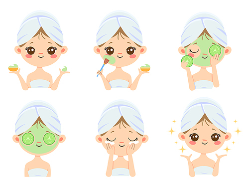 Beauty face mask. Woman skin care, cleaning and face brushing. Acne treatment and sheets masks. Relax cream or scrub masking vector cartoon isolated icons illustration set