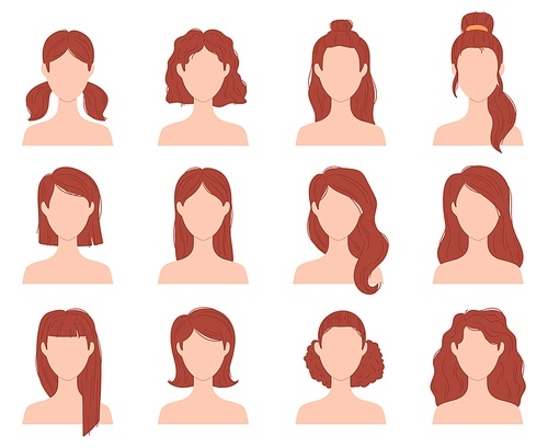 Cartoon female fashion hairstyle for short, long and curly hair. Woman head with haircuts, ponytail and bun. Flat girl hairstyles vector set. Illustration of female haircut portrait, cartoon hairstyle