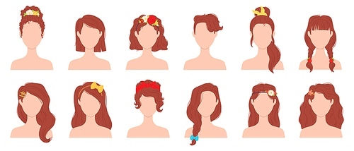 Flat woman hairstyles with flower, ribbon and bow accessory. Young female haircut with hair pins, ties and bands. Girl hairstyle vector set. Illustration of hairstyle head, character avatar portrait