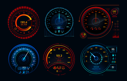 Futuristic car speedometer. Speed hud kilometer performance indicators dashboard, gas and fuel level analog panels or automobile race sports rpm technology vector isolated icons collection